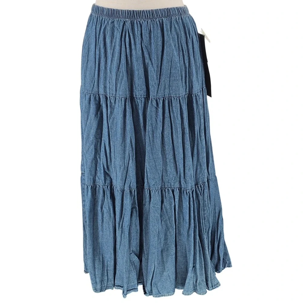Vintage 90s Denim Maxi Skirt 3X Broomstick Tiered Prairie Boho USA NWT Deadstock